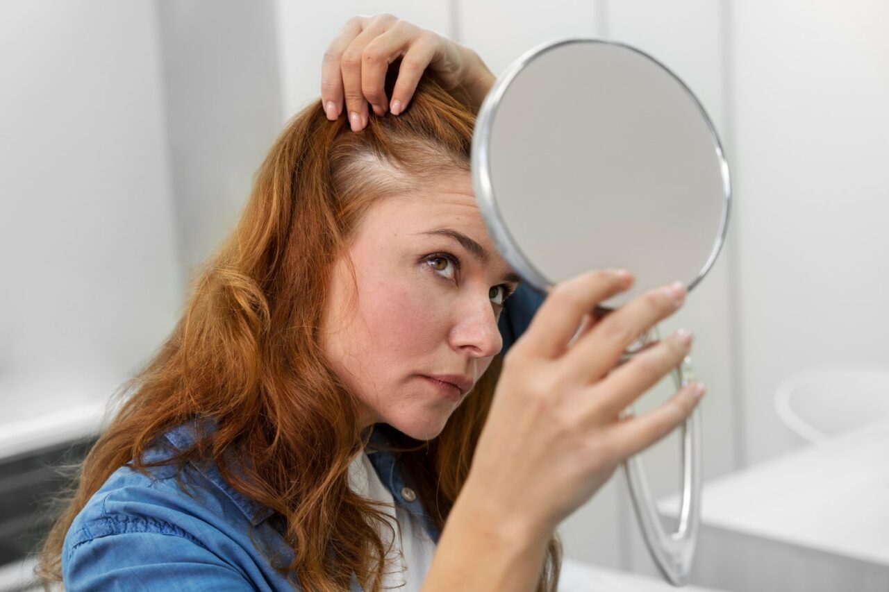 mulher olhando raiz do cabelo no espelho com cabelo com aspecto oleoso mesmo depois de lavar