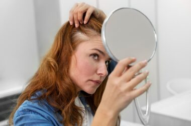 mulher olhando raiz do cabelo no espelho com cabelo com aspecto oleoso mesmo depois de lavar
